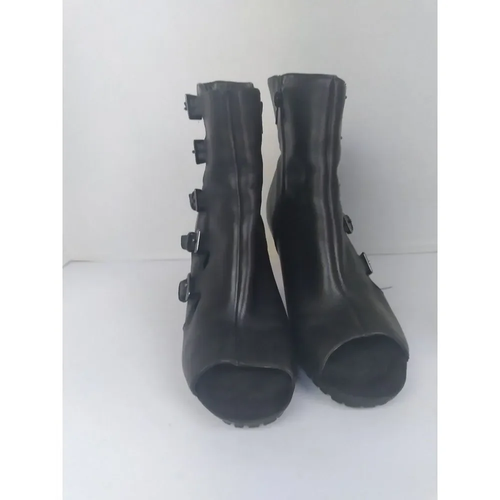 Black Leather Peep Toe Multi Buckle Cutout Block Heel Ankle Boots Lug Sole
